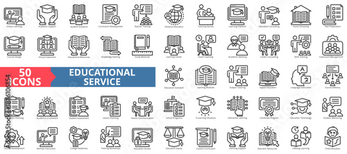 educational service icon set outline style illustration. containing home schooling, test preparation, course design, language instruction, parent communication, child education, college readiness