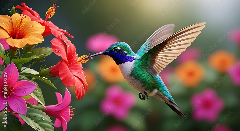 Fototapeta premium Flying Hummingbird Feeding on Vibrant Tropical Flowers in a Colorful Garden Close-Up View Nature Photography