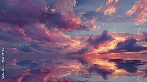 Serene Sunset Reflections Over Still Water with Vibrant Clouds