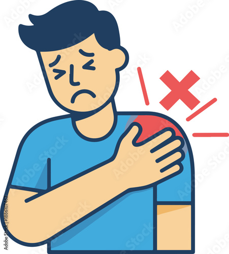 Vector flat illustration of a man suffering from shoulder pain, clutching his injured joint with a red cross symbol and radiating lines indicating inflammation, trauma, or a fracture.