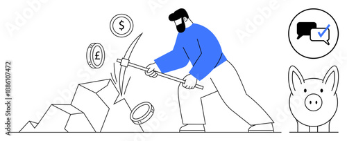 Man striking rocks with pickaxe to unveil coins with dollar, pound, euro signs. Piggy bank highlights savings. Ideal for finance, wealth creation, investment, hard work, savings determination
