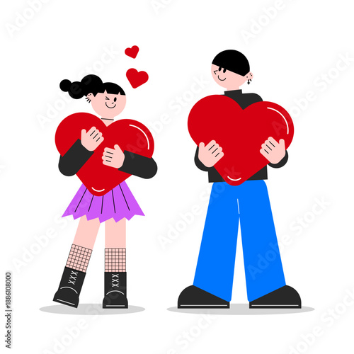 커다란 빨간 하트를 품에 안고 서로를 바라보는 행복한 연인 일러스트 - Happy young couple holding large red hearts and looking at each other