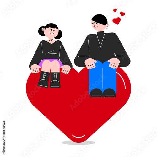 커다란 빨간 하트 위에 나란히 앉아 미소 짓는 로맨틱한 커플 일러스트 - Romantic young couple sitting together on a giant red heart with smiles