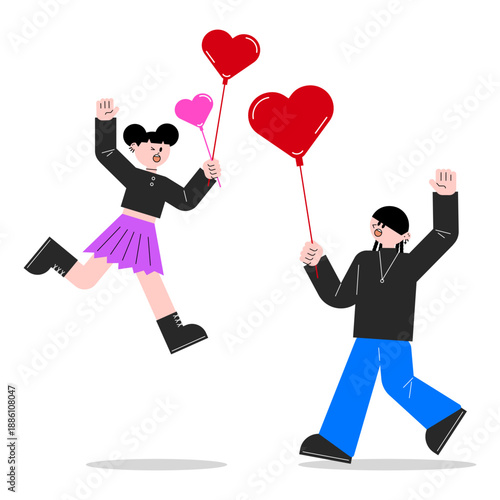 하트 풍선을 들고 즐겁게 뛰어가는 남녀 커플 일러스트, 발렌타인데이와 축하 테마 - Happy couple running with heart shaped balloons for Valentine's day celebration
