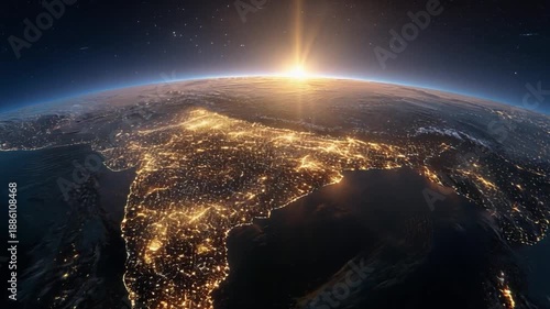 Illuminated Earth at night, showing the Indian subcontinent, as the sun rises, viewed from space