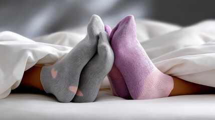 Cozy gray and pink socks resting together on a soft white blanket, symbolizing love and comfort, perfect for a mental health and sleep-themed Valentine's Day concept
