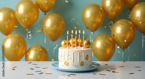 Birthday Cake with Golden Balloons in a Festive Room, Decorative Setup, Joyful Atmosphere