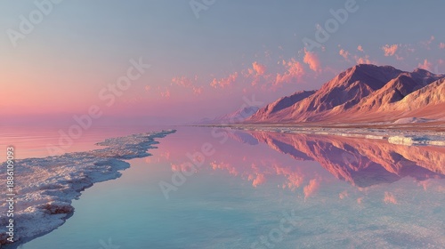 Serene Sunset Landscape Reflected in Calm Saline Water Body