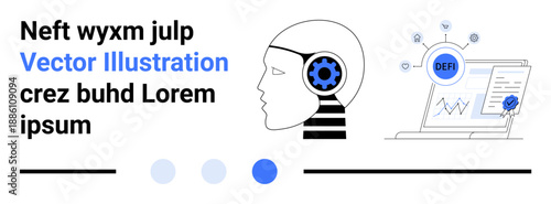 AI-inspired head with gear symbolizes innovation, data analysis. Laptop with DeFi-related icons highlights technology, cryptocurrency, and blockchain. Ideal for fintech, AI, blockchain, crypto