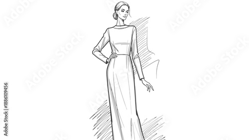 Woman in Elegant Long Dress Illustration.