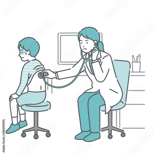 背中の聴診を受ける冷や汗をかいた男の子と深刻な表情の白衣の女性医師のイラスト