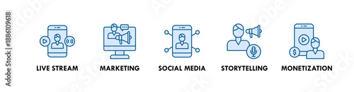 Influencer banner web icon illustration concept with icon of live stream, marketing, social media, storytelling, and monetization