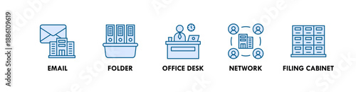 Office and Workplace banner web icon illustration concept with icon of email, folder, office desk, network, and filing cabinet