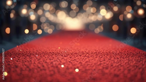 Guided walk on a red carpet with lights at a formal event in the evening at a city venue