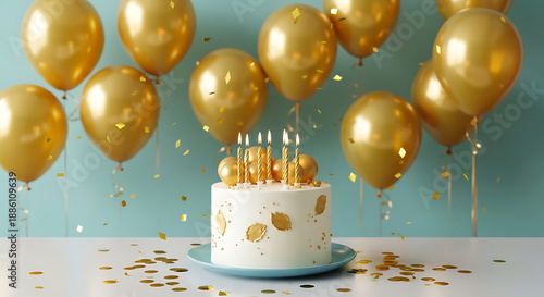 Birthday Cake with Gold Balloons in a Festive Room, Photograph, Cheerful Atmosphere, Close-Up View, Joyful Concept