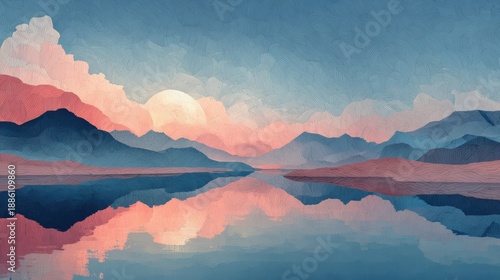 Serene Sunset Over Tranquil Lake with Majestic Mountain Reflections