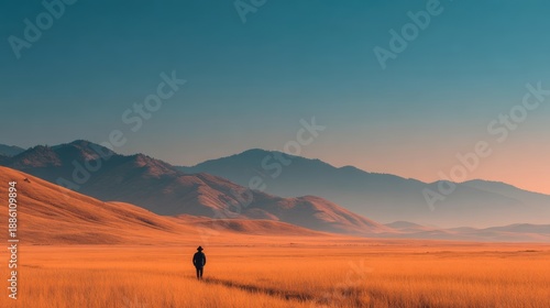 Serene Landscape with Lone Walker in Vast Golden Field at Sunset