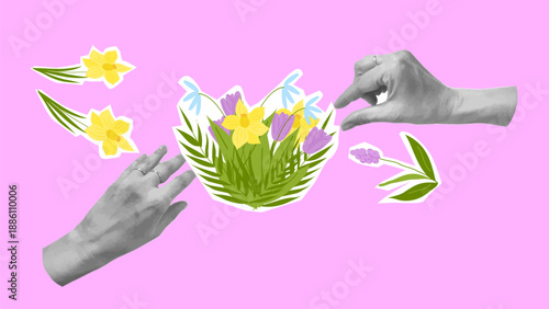 Mothers Day Collage Flowers Hearts Love Mom. For card poster social media graphic or web design in marketing campaigns. Vector illustration.