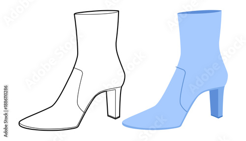 Blue seamed block heel ankle boot women flat plus line set. Stitched detail with chunky sole for winter nights. Technical fashion illustration CAD mockup mixed vector men unisex isolated chic style