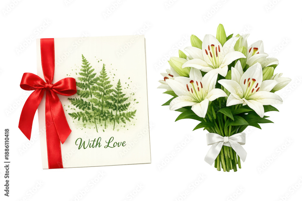 Obraz premium White lily bouquet with love greeting card transparent background
