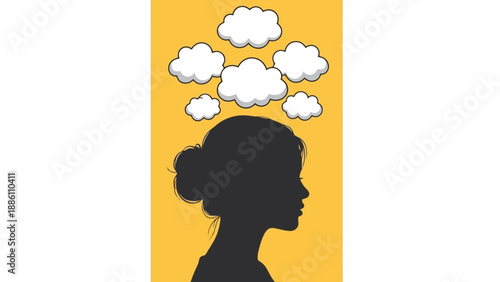 Silhouette of a woman's head with clouds floating above, representing thoughts or ideas.