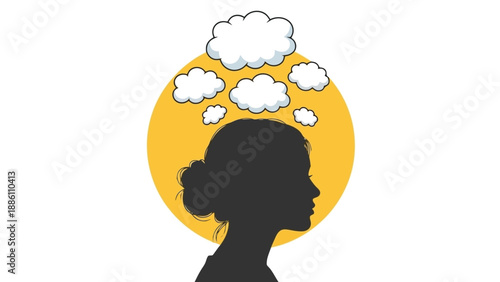 Silhouette of a woman's head with thought bubbles floating above, set against a yellow circle.