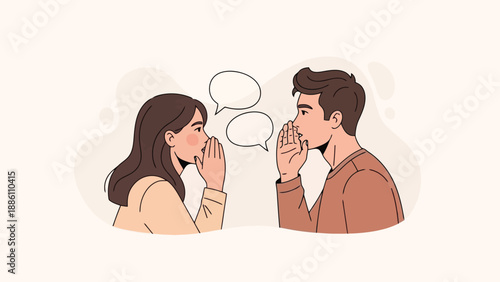 Two people whispering secrets to each other with speech bubbles above their heads.