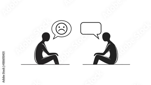 Two silhouetted figures sit facing each other, one expressing sadness with a frowning face icon in a speech bubble.