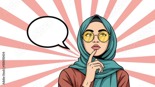A Muslim woman wearing a hijab and glasses, with a thought bubble, in a pop art style.