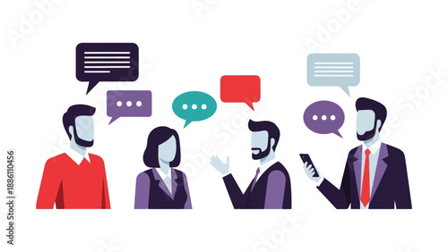 Illustration of diverse people engaged in conversation with speech bubbles above their heads.