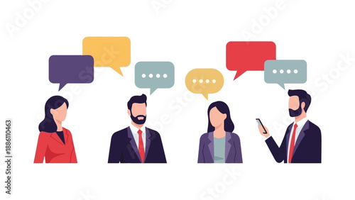 Four professionals in business attire engage in a discussion with speech bubbles above their heads.