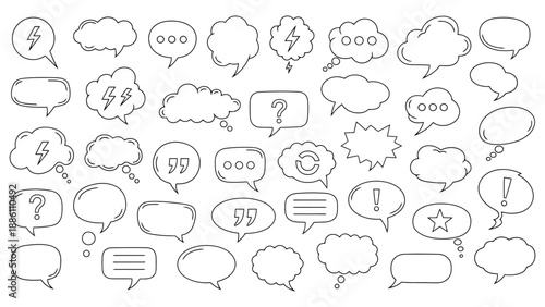 A collection of hand-drawn speech bubbles and thought clouds with various symbols and punctuation marks.