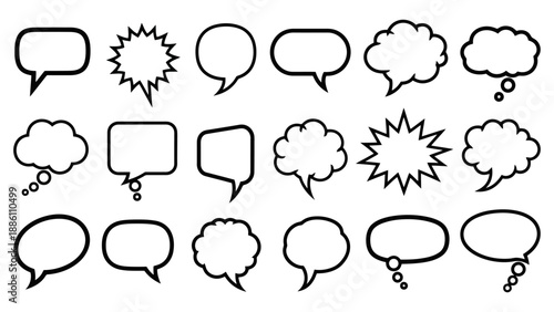 A collection of various black and white speech and thought bubbles in different shapes and styles.