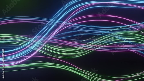 Vibrant neon light trails in shades of blue, pink, and green flowing across a dark background. Perfect for presentations, technology backdrops, and digital designs.