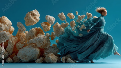 Dynamic Movement of Dancer Amidst Floating Textured Elements