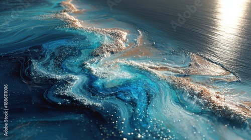 Swirling Ocean Waves with Shimmering Blue and Gold Tones