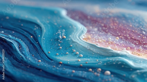 Abstract Fluid Art with Blue and Purple Swirls and Bubbles