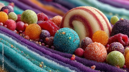 Colorful Candy Landscape with Swirls and Bubbles in Vibrant Colors