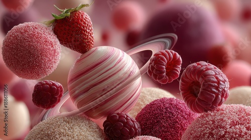 Colorful 3D Rendering of Fruits and Planets in Abstract Background