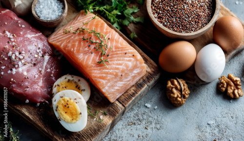 Wallpaper Mural Fresh raw salmon fillet with vibrant orange flesh, smooth texture, and garnished with sprigs of thyme on a rustic wooden cutting board, alongside boiled eggs, walnuts, and spices Torontodigital.ca