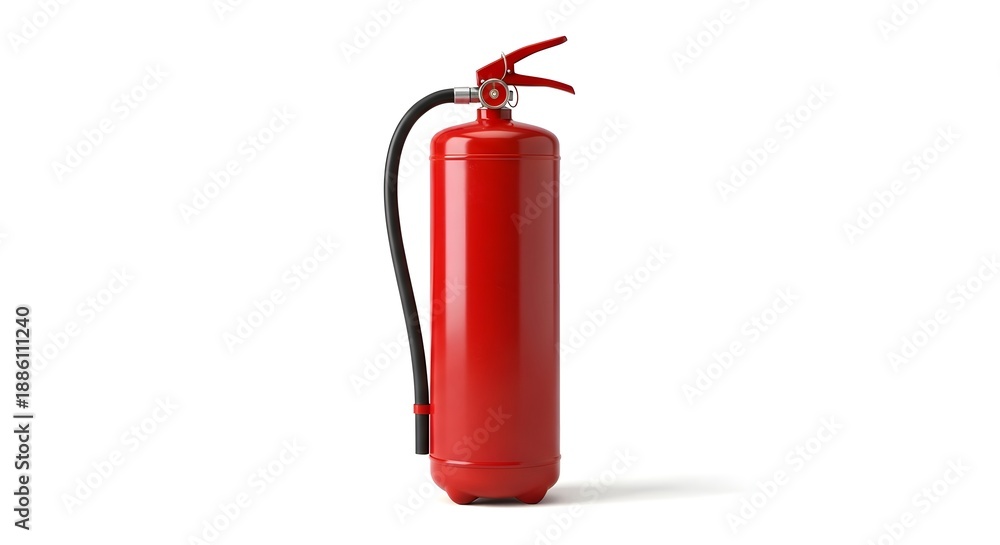 Obraz premium Bright red portable fire extinguisher isolated on a clean white background illustrating essential safety equipment for emergency preparedness and fire fighting response
