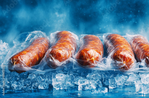 Wallpaper Mural Fresh sausages with reddish-brown casings wrapped in clear plastic on ice with water splashes and condensation Torontodigital.ca