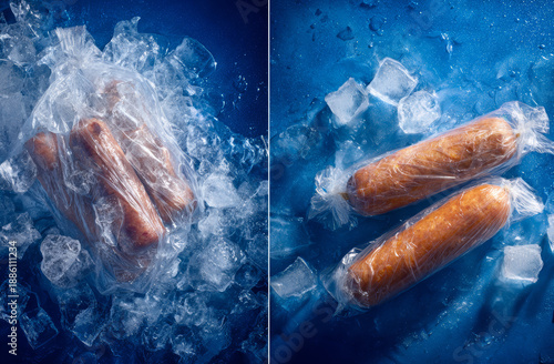 Wallpaper Mural Fresh sausages wrapped in transparent plastic film resting on ice cubes with a blue background Torontodigital.ca