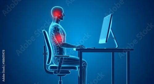 Figure with poor computer desk posture  suitable for illustrating workplace ergonomics, ergonomics guides, and office health presentations.