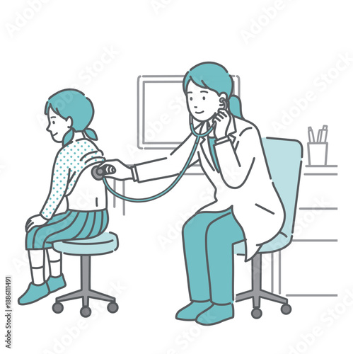 白衣を着た女性医師（小児科医）による女の子の背中の聴診・診察のイラスト