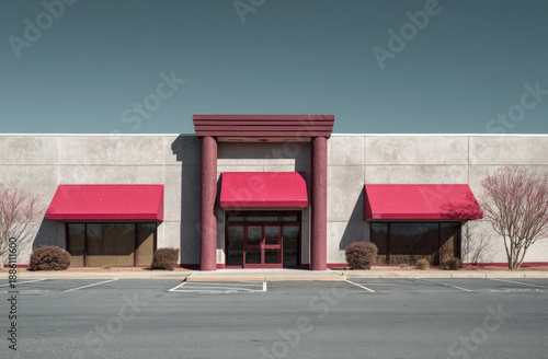 Wallpaper Mural Front view of an empty commercial building with beige concrete walls, red fabric awnings over large glass windows, and a central entrance with red columns and a wooden canopy Torontodigital.ca