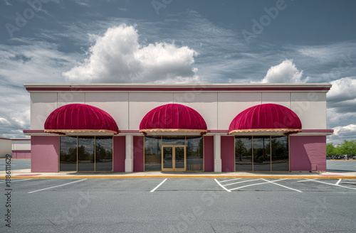 Wallpaper Mural Front view of an empty commercial building with distinctive pink and white facade and three large red velvet awnings over windows Torontodigital.ca