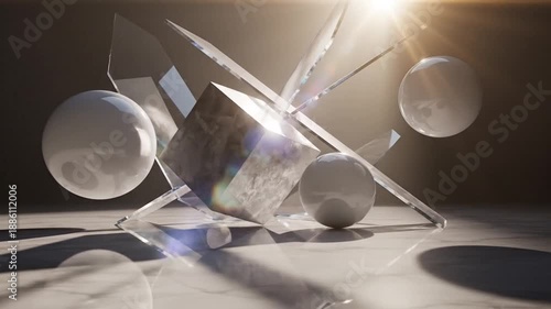 Abstract Marble Cube and Spheres Floating in Space.