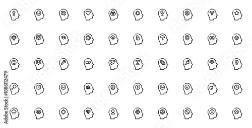 Emotional Intelligence icon set. Vector symbols for psychology, positive thinking, brain, meditation, growth, conflict, solution and more. Minimal line icons.