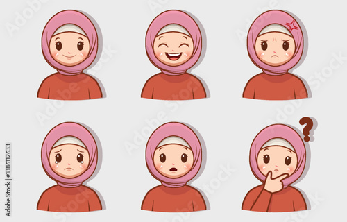 Set of cute muslim girls with different facial expressions